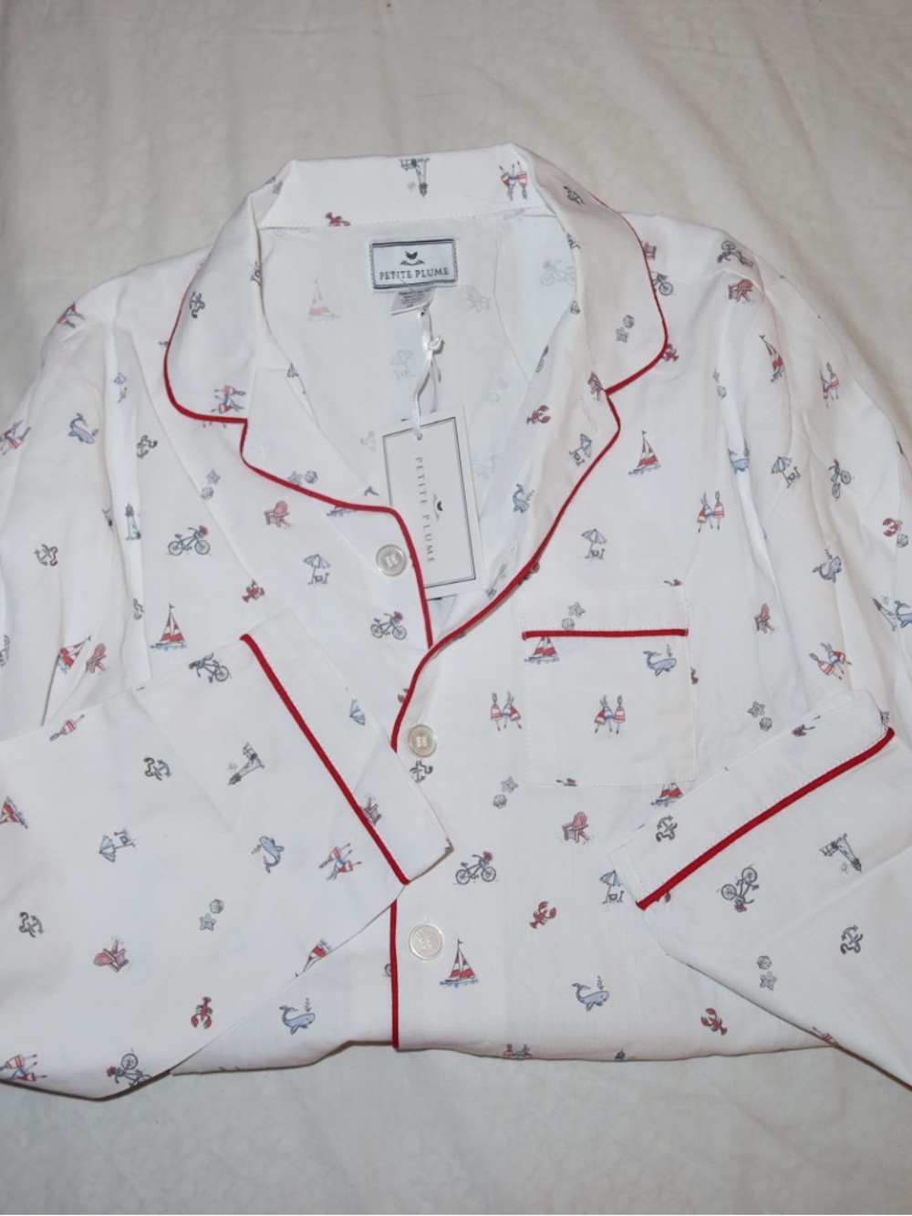 Petite Plume Size 14 Girls Pajamas White Cotton Button-Down Shirt with Red Trim